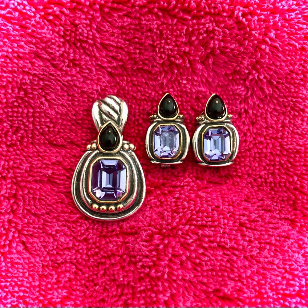 Vintage Signed JC Silver Toned Black Onyx & Amethyst Pendent & Matching Earrings
